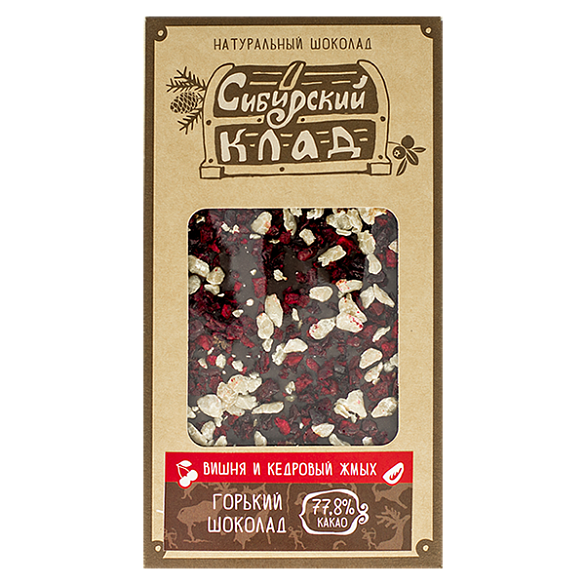 Горький шоколад, вишня и жмых кедрового ореха "Сибирский Клад"  100г